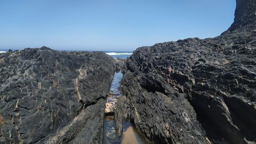 Panoramic view of sea and rocks against clear sky