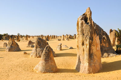 Panoramic view of people on desert against clear sky