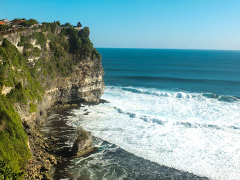 Scenic view of sea against clear blue sky