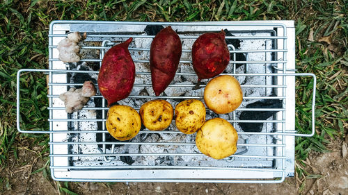 High angle view of vegetables on barbecue grill
