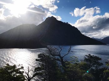 Scenic view of sea and mountains against sky