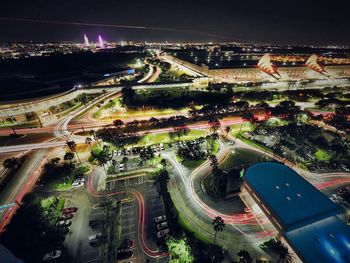 High angle view of illuminated city street