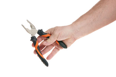 High angle view of man holding hands over white background