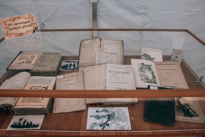 High angle view of books on table