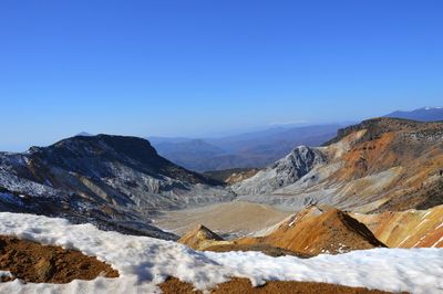 Scenic view of mountains against clear blue sky