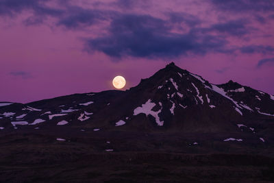 Scenic view of snowcapped mountains against sky at sunset