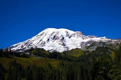 Scenic view of snow covered mountains against blue sky