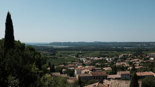 High angle view of townscape against clear sky