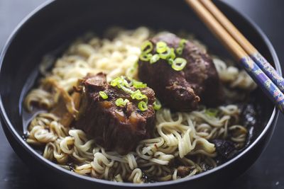 Close-up of noodles in bowl