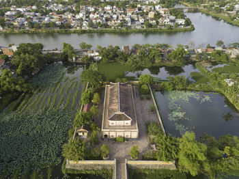 High angle view of plants by lake
