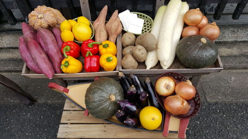 High angle view of fruits and vegetables for sale