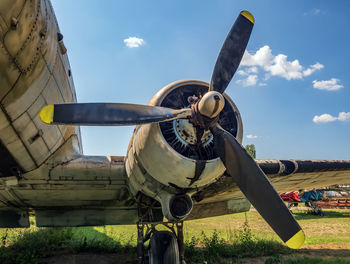 Part of the vintage piston commercial aircraft. engine view.