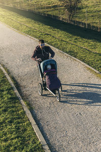 High angle view of father pushing baby in stroller