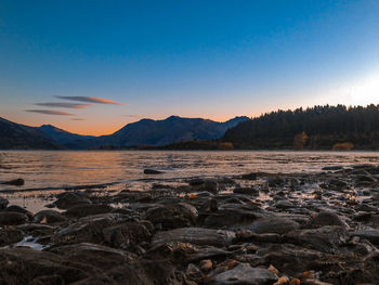 Scenic view of sea against clear sky during sunset