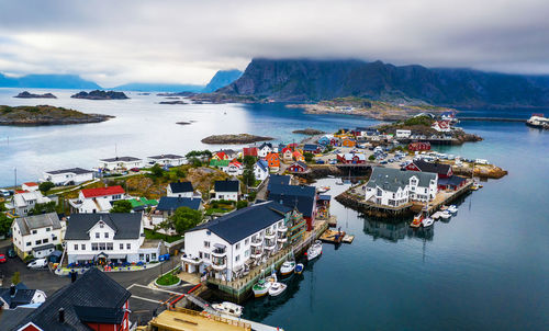 High angle view of boats moored in harbor