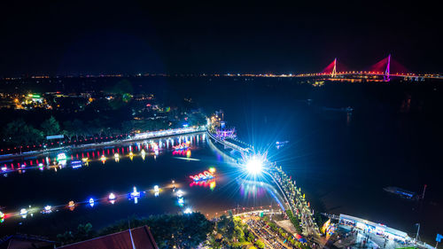 High angle view of illuminated bridge at night