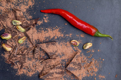 High angle view of red chili pepper