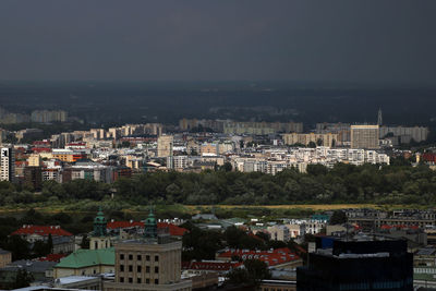 High angle shot of townscape against sky