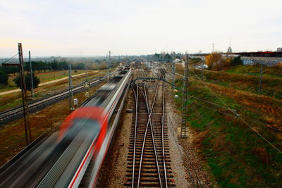 High angle view of railroad tracks against sky