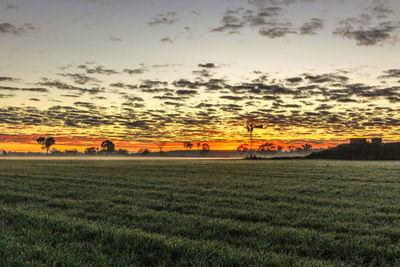 Scenic view of agricultural field against sky during sunset