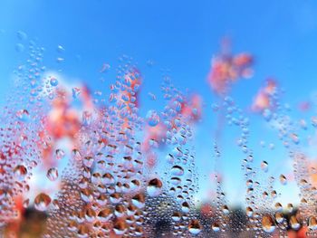 Close-up of waterdrops on glass against sea