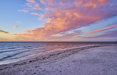 Scenic view of beach against sky during sunset