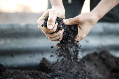 Close-up of man holding soil