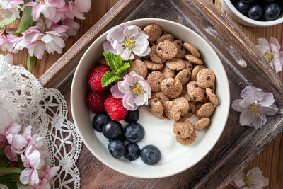 High angle view of breakfast on table