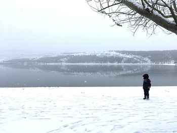 Rear view of man on frozen lake against sky