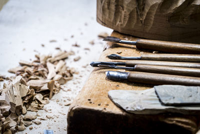 Close-up of hand tools on workbench