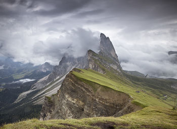 Scenic view of mountains against cloudy sky