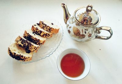 High angle view of dessert in plate on table