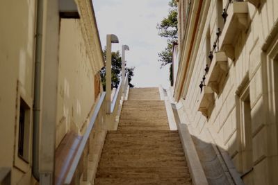 Directly below shot of narrow alley amidst buildings in city