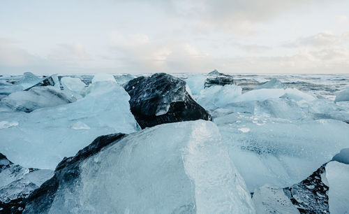 Breathtaking diamond beach on iceland in winter with large ice blocks, ice cubes