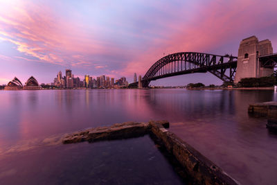 Bridge over river against sky during sunset