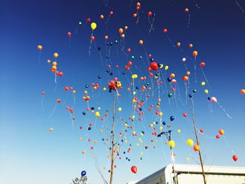 Low angle view of multi colored balloons against sky