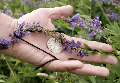 Close-up of woman holding purple flowers