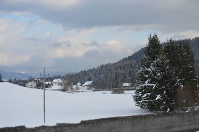 Snow covered landscape against sky