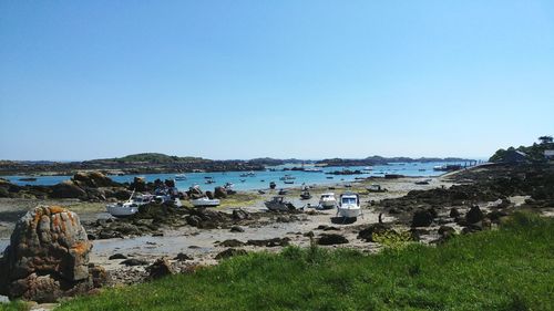 Scenic view of sea against clear blue sky