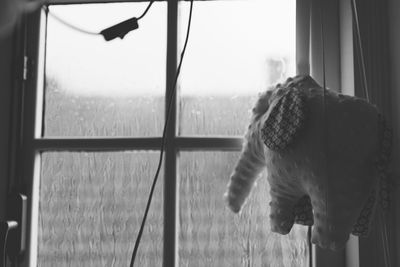 Close-up of man looking through window