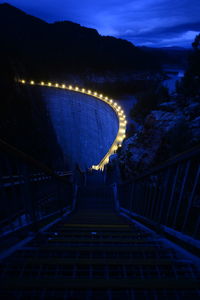 High angle view of illuminated staircase at night