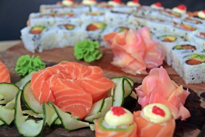 Close-up of sushi served on plate