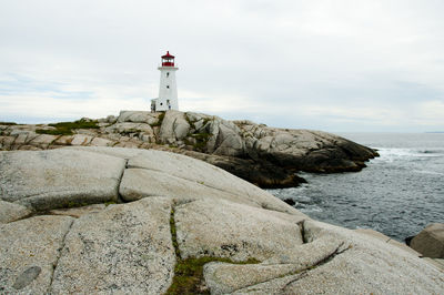 Lighthouse on cliff by sea against sky