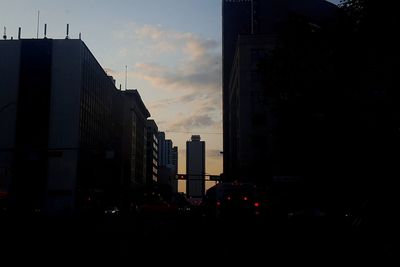 Buildings in city at sunset