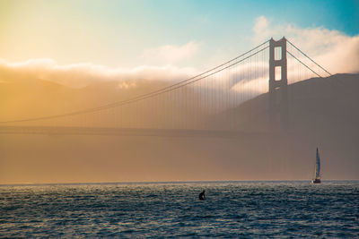 View of suspension bridge over bay