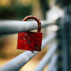 Close-up of padlocks on railing