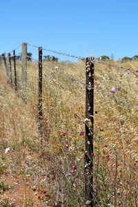 Fence on field against clear sky