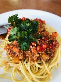 Close-up of noodles in plate