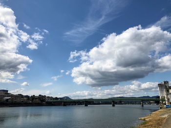 Bridge over river by buildings against sky