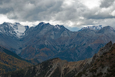 Scenic view of mountains against cloudy sky